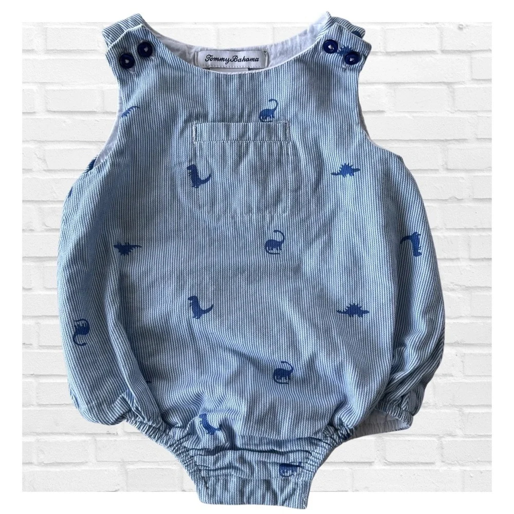 Tommy Bahama 6-9 M Light Blue White Striped Baby Bubble Romper Dinosaurs Overall